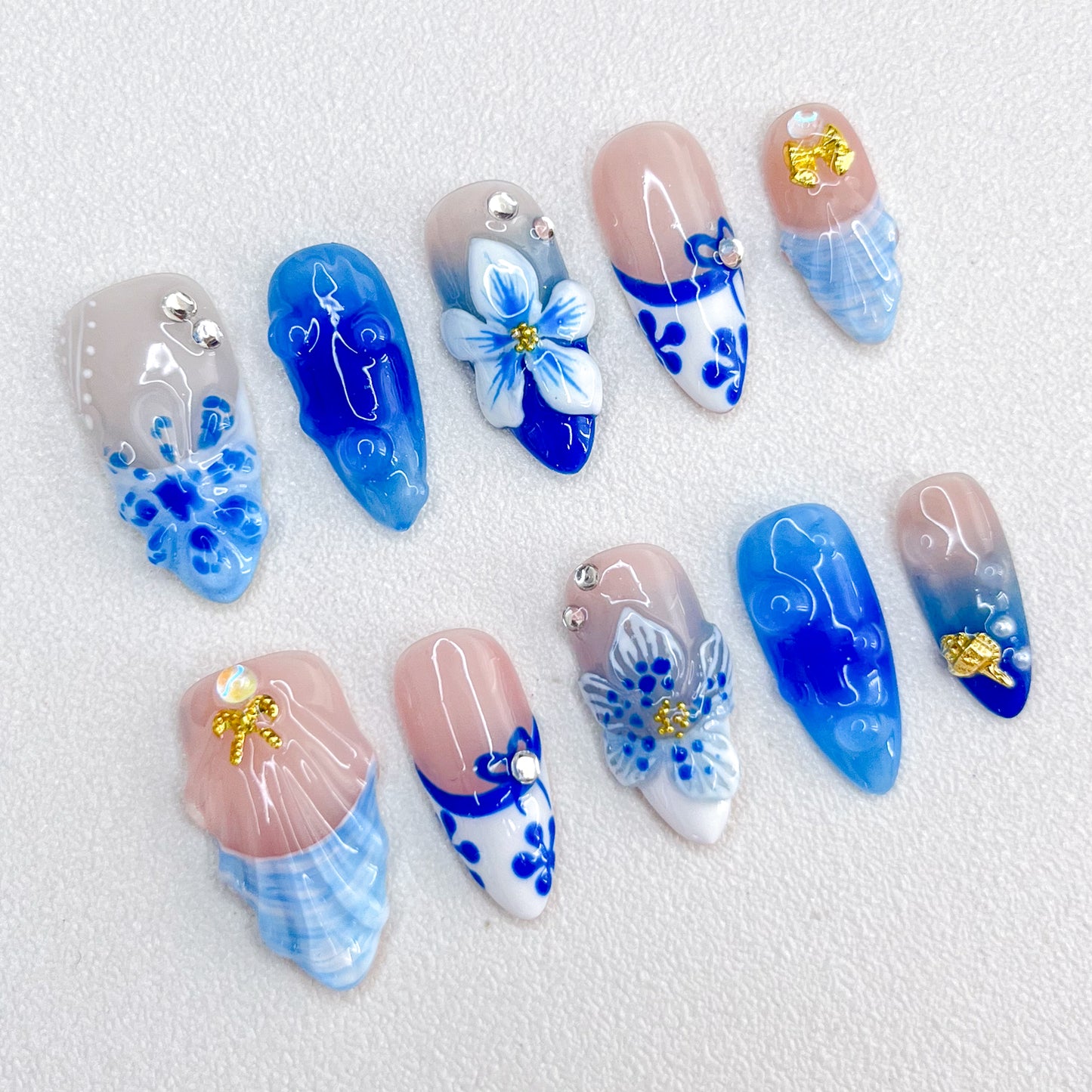 Blue White Porcelain Nails