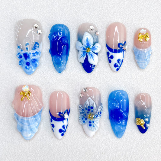 Blue White Porcelain Nails
